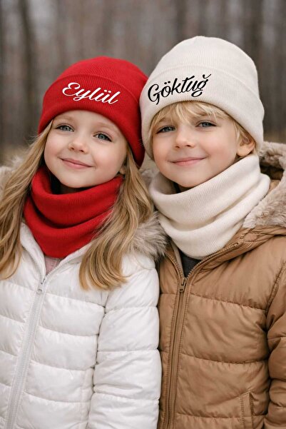 BY TUNA DESİGN Kişiye Özel İsimli Çocuk Şapka Boyunluk Seti – Kışlık Triko Be...