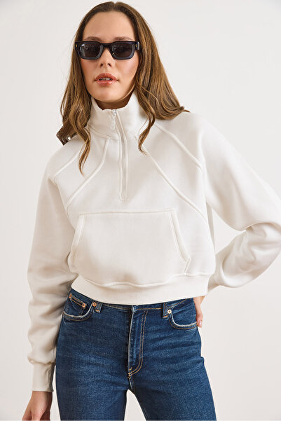 Olalook Women's White Mock Neck Stitch Detailed Zippered Fleece-Lined Crop Sweatshirt Swt-19000795