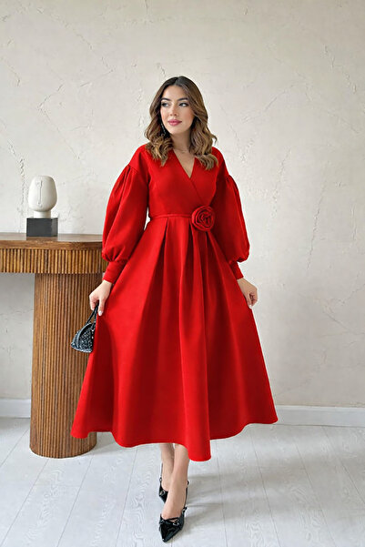 Deafox Red Rose Detail Balloon Sleeve Double-Breasted Collar Pleated Scuba Fabric Dress