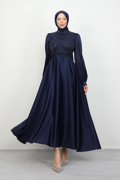 Lamia Giyim Balon Kol Saten Abiye Lacivert