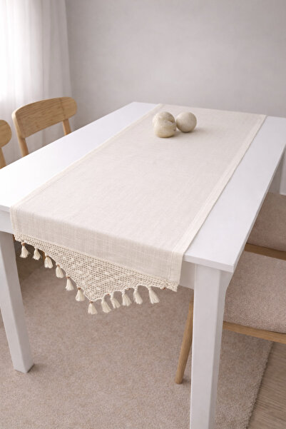 MZN Home 2 Kenar El Dantelli Krem Monika Runner 50x200 cm – %100 Doğal Pamuk