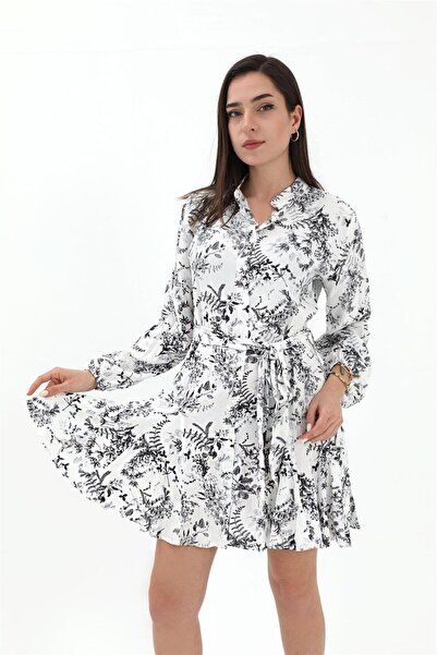 VELİZADE Rochie mini cămașă neagră pentru femei, cu imprimeu floral, guler în...