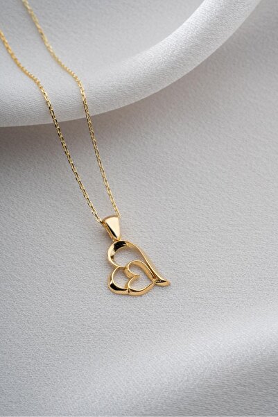 Two Arts Kadın 925 Ayar Gümüş İç İçe Kalp Kolye | 14K Altın Kaplama