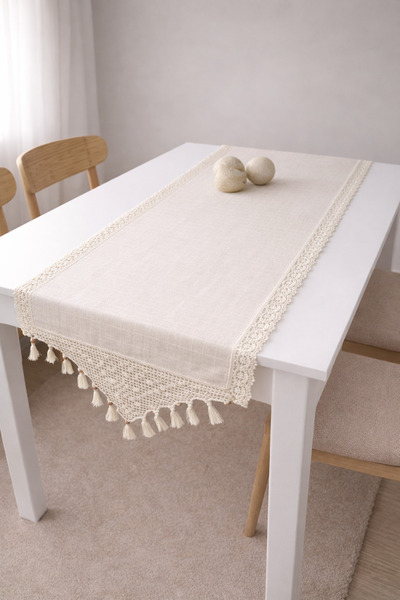 MZN Home 2 Kenar El Dantelli & 2 Kenar Badem Dantelli Krem Monika Runner – 40...