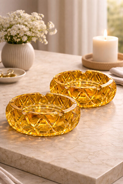 DİVAYS 2'li Bal Rengi Kristal Cam Küllük Seti 10cm - Dekoratif Bombeli Lüks S...