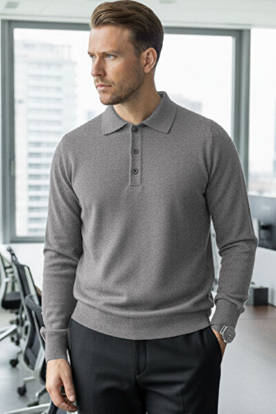 Millionaire سترة رجالية رمادية اللون بياقة بولو وأزرار، قصة قياسية، مصنوعة من مزيج الأكريليك، لا تسبب تكتلًا، سترة تريكو