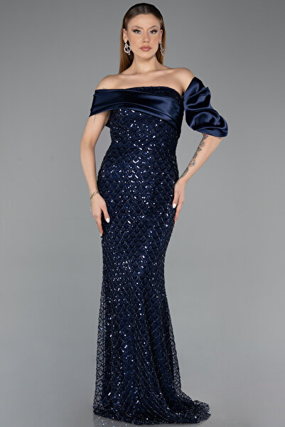 Abiyefon Lacivert Omuz Dekolteli Uzun Pullu Balık Abiye ABU5529