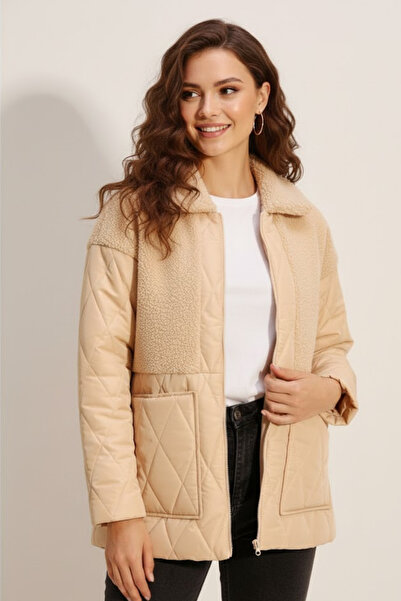 Lucax Plush Detailed Lined Cream Inflatable Coat / Women's Coat