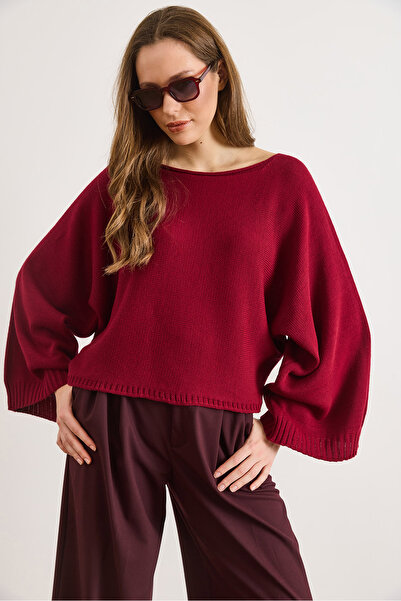 Olalook Kadın Bordo Kayık Yaka İspanyol Kol Triko Kazak KZK-19001108
