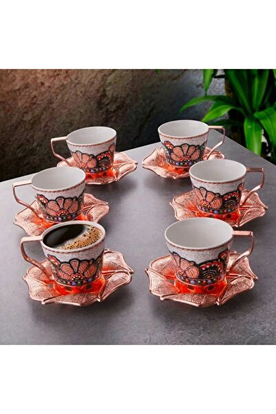 FAIR HOME Azra Bakır Renk Erzincan Desenli Porselen Büyük Çay – Neskafe Fincan Takımı – 6 Kişilik