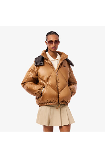 Lacoste Kadın Oversize Fit Kapüşonlu Kapitone Açık Kahverengi Mont
