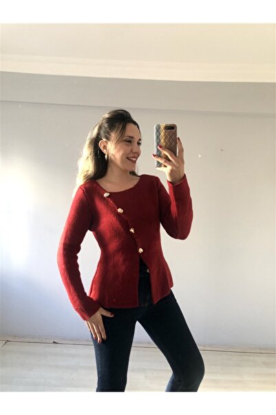 Gözde Tasarım Butik Women's Burgundy Color Boat Neck Cross Cut Gold Buttoned ...