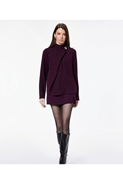 Meşe Moda Bluză cu mânecă lungă cu guler asimetric cu accesorii metalice