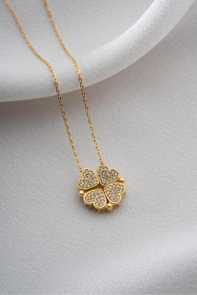 Two Arts Kadın 925 Ayar Gümüş Mıknatıslı Kalp Yonca Kolye | 14K Altın Kaplama