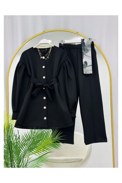 YEDİLALE Balloon Sleeve Buttoned Puff Scuba Jacket Pants Double Set [Excluding Shawl]