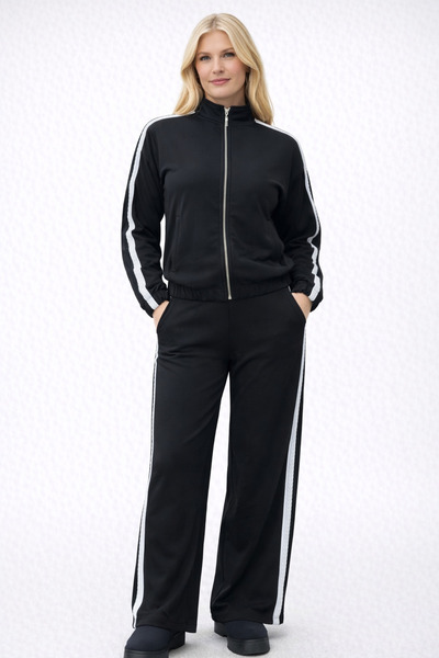Sibel Günay Butik Striped Detail Viscose Fabric Zippered Women's Black Tracksuit Set