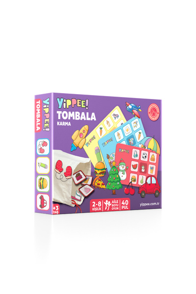 yippee Çocuk Tombalası – Karma Temalı | Ham Bez Kese | 8 Tabla | 40 Pul (60 Parça)