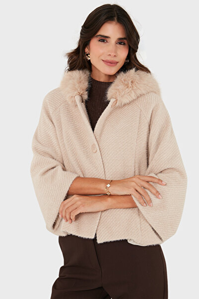 Via Dante Oversized Soft Furry Hood Three Quarter Sleeve Coat Coat 690920