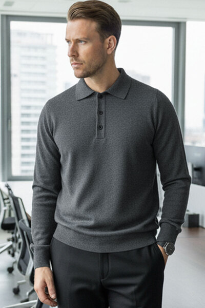 Millionaire سترة تريكو رجالية بلون أنثراسيت بأزرار وياقة بولو وقصة قياسية مصنوعة من مزيج الأكريليك غير قابلة للتكور