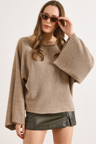 Olalook Pulover tricotat pentru femei, cu gât bateau, cu mâneci spaniole, KZK-19001108