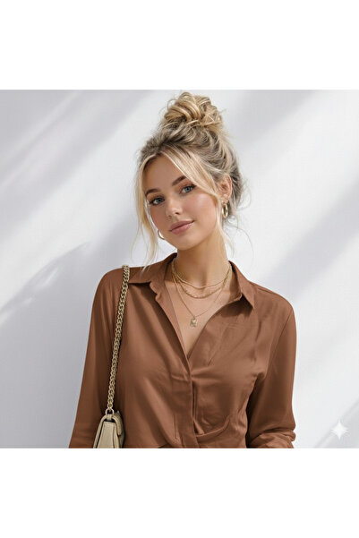 ribana Women's Long Sleeve Crew Neck Basic Elastic Waist Detail Satin Crop Sh...