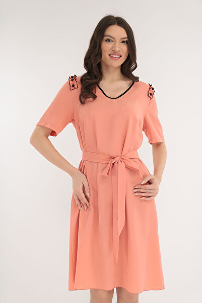 Vanessa Line RO Casual pink dress with ruffles and pearls on the shoulders