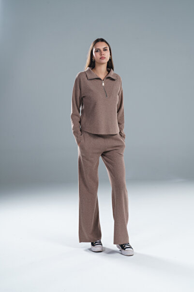 Paw Garage Women's Thessaloniki Fabric Mock Neck Half Zipper Dirty Stitching Pants Bottom-Top Set