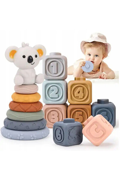 Matadi Set cuburi si jucarie de stivuit Koala cu 14 piese senzoriale din plas...