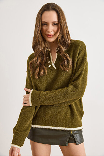 Olalook Women's Green Collar Cuff Detailed Soft Textured Knitwear Sweater Kzk-19001104