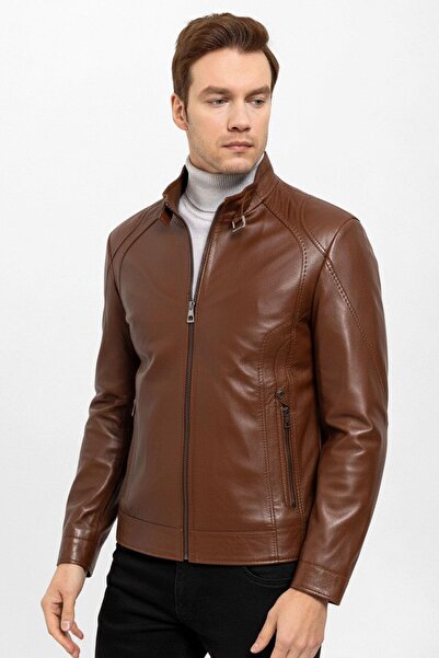 Deriderim Taba Jady Men's Genuine Leather Coat with Collar Buckle