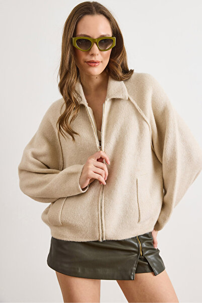 Olalook Women's Stone Thick Soft Textured Zipper Jacket Cardigan Hrk-19000451