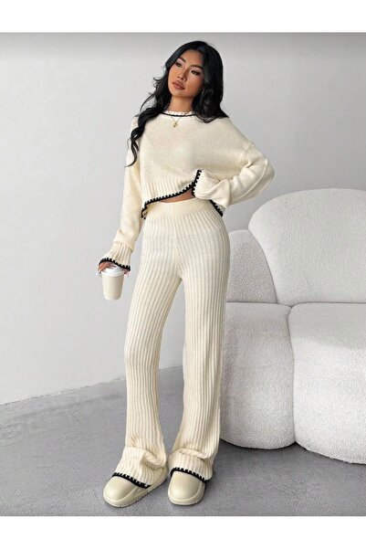 NEWCO Shepherd Detailed Women's Ecru Double Knitwear Set Acrylic Wool