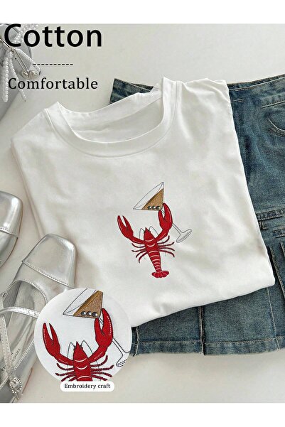 PENTHİLUS Embroidered Lobster Pattern T-Shirt – Round Neck, Short Sleeves,