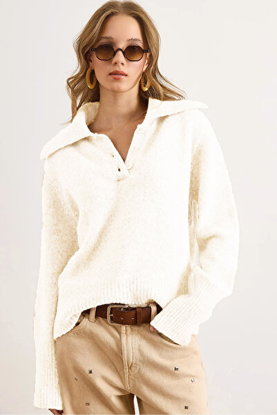 Olalook Women's Ecru Polo Neck Buttoned Soft Textured Knit Sweater Kzk-19001016