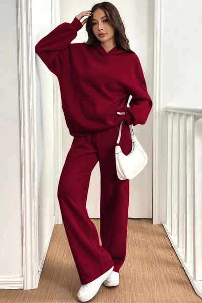 BARLİZ طقم رياضي نسائي ذو أرجل واسعة وقلنسوة مبطن بالصوف قصة فضفاضة