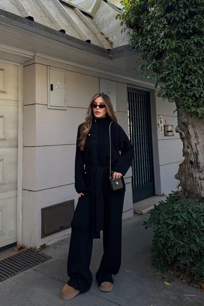 Laluvia Black Mock Neck Belted Design Knitwear Set - 0808