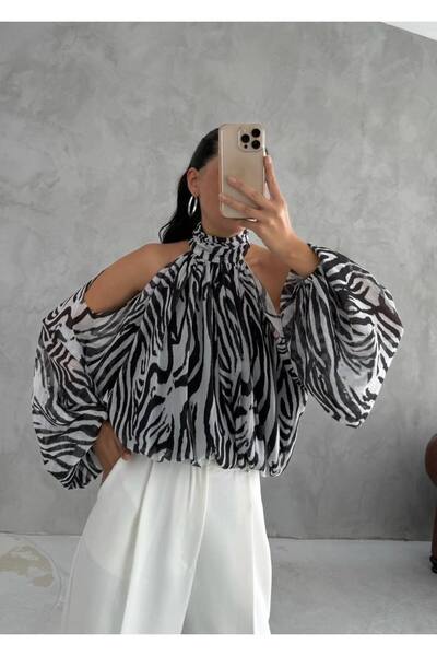 karpuzbutiks Premium Quality Patterned Chiffon Off-Shoulder Blouse