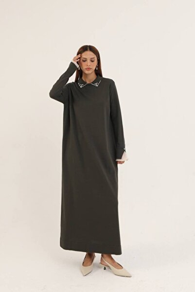 CELTMODA Women's Mercerized Dress with Stone Detail on the Collar - Khaki