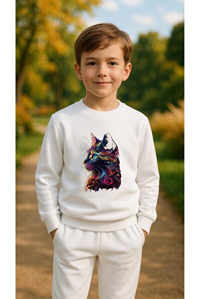 playwear Takım Sweatshirt ALACALI KEDİ Baskılı Kız Erkek Çocuk Bisiklet Yaka3...
