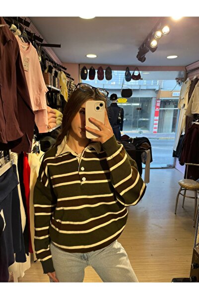 RosaCo Polo Yaka Çizgili Triko Kazak