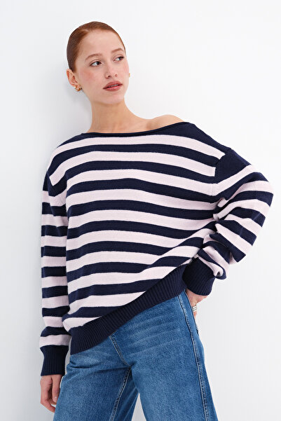 Addax Boat Neck Striped Knit Sweater K3523