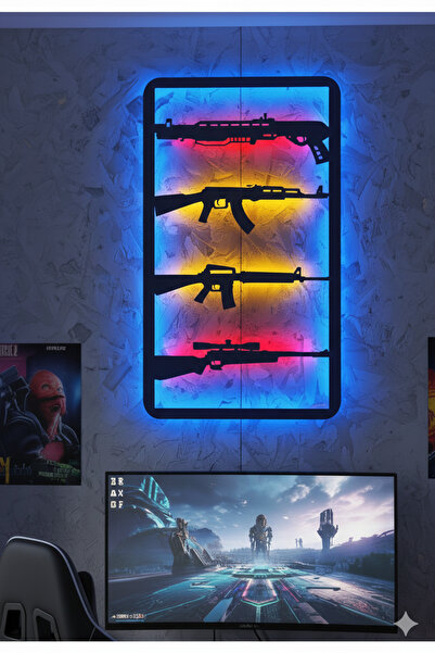 dekoraven Silah Silüetli Oyuncu Odası LED Duvar Tablosu - Gamer Dekorasyon