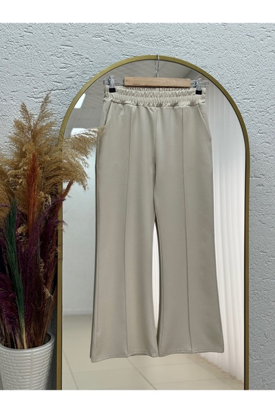MİHRA STORE Elanur Çımalı Geniş Paça Pantolon-MT4722 Taş