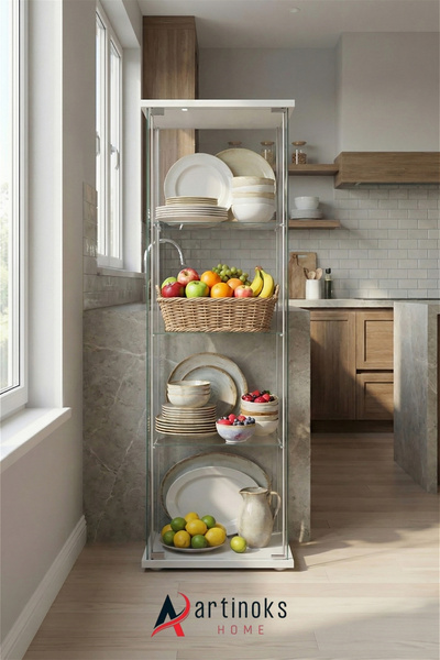 artinoks Cam Raflı Çok Amaçlı Mutfak Dolabı Erzak Kiler Kahve Köşesi Kapaklı Tabak Kavanoz Sergileme Dolap
