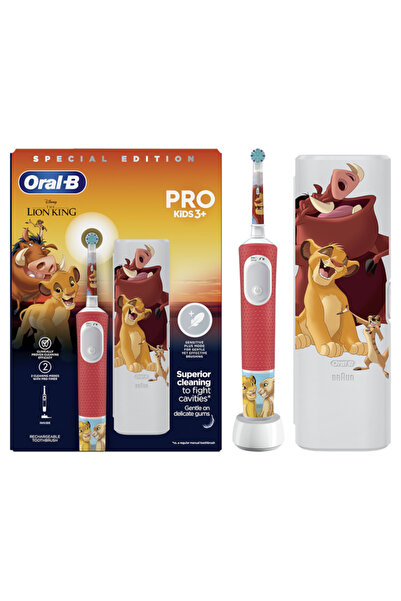 Oral-B Periuță de dinți electrică Pro Kids Lion King pentru copii, 1 cap, 4 autocolante, kit de călătorie, roșie