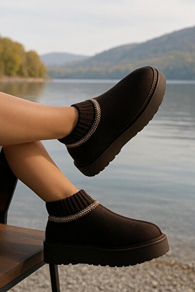 RynModa Kadın Süet Içi Kürklü Kalın Taban Bileği Lastikli Kısa Kadın Bot&bootie