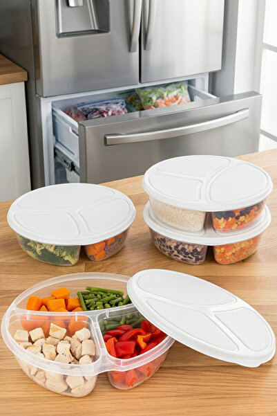 Poomy 4-Piece Deep Freezer & Freezer Storage Container Set - 700 ml 3-Compartment Freezer Organizer