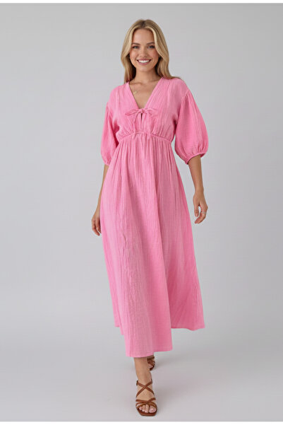 BİCAN Kadın Lastikli Bel Bağcık Detaylı Yarım Kol Müslin Pembe Elbise