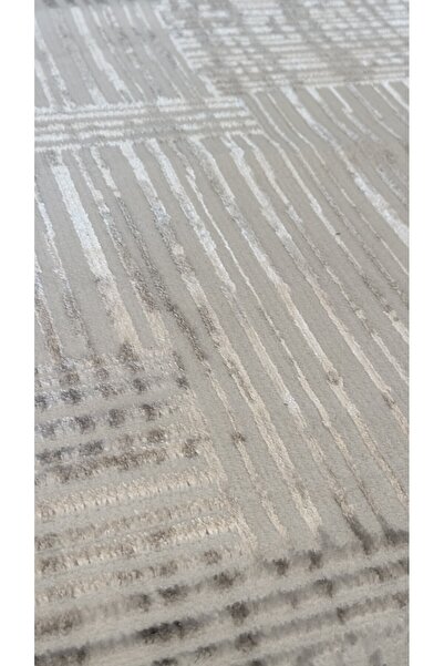 Elvey Home Krem-Gri Saten İnce Sık Dokuma Parlak Yüzey Kaymaz Taban Özel Ölçü Salon Koridor Halısı Yolluk