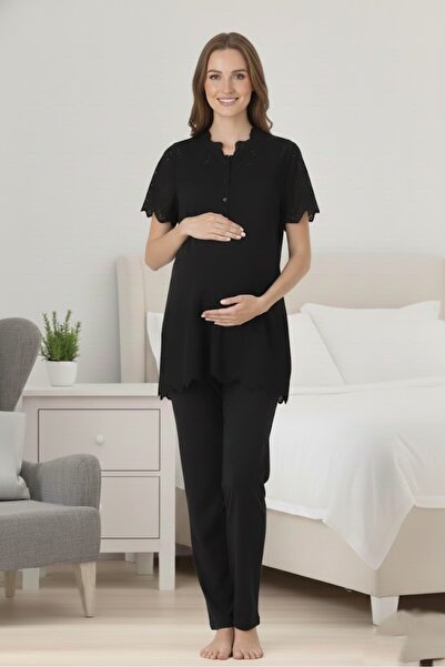 BLACKMORE طقم بيجامة نسائي من قطعتين للحوامل من القطن الكتاني الأسود من فيستو